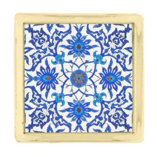 Art Nouveau Chinese Tile - Cobalt Blue & White Gold Finish Lapel Pin