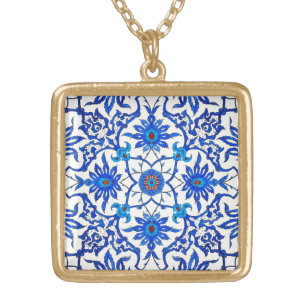 Art Nouveau Chinese Tile - Cobalt Blue & White Gold Plated Necklace