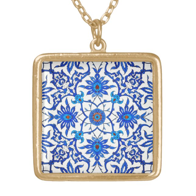 Art Nouveau Chinese Tile - Cobalt Blue & White Gold Plated Necklace (Front)