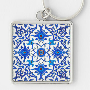 Art Nouveau Chinese Tile - Cobalt Blue & White Keychain