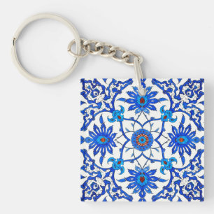 Art Nouveau Chinese Tile - Cobalt Blue & White Keychain