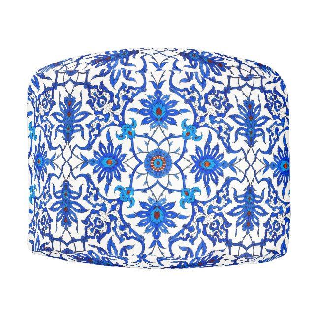 Art Nouveau Chinese Tile - Cobalt Blue & White Pouf (Front)