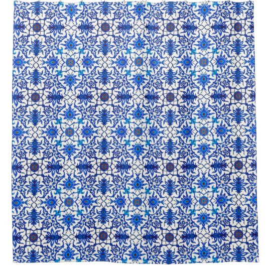 Art Nouveau Chinese Tile Cobalt Blue White Shower Curtain