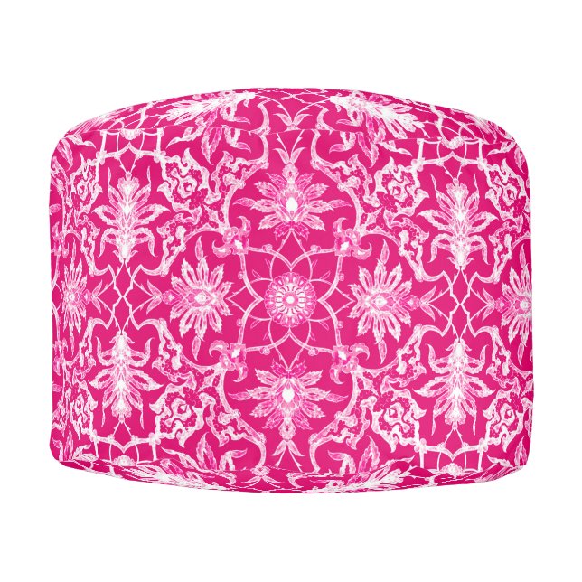 Art Nouveau Chinese Tile - Fuchsia Pink Pouf (Front)