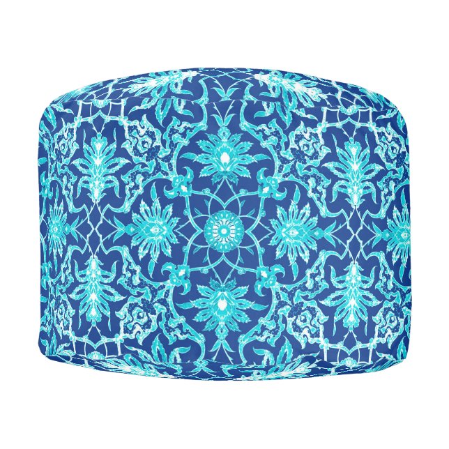 Art Nouveau Chinese Tile - Turquoise and Blue Pouf (Front)