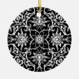 Art Nouveau Chinese Tile - White on Black Ceramic Ornament