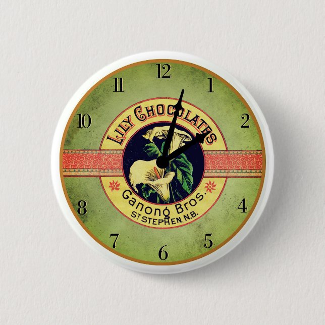 Art nouveau chocolate advertisemant clock button (Front)
