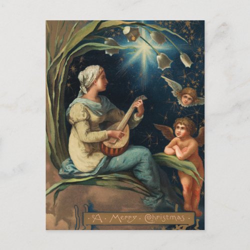 Art Nouveau Christmas Caroler and Cherub Holiday Postcard