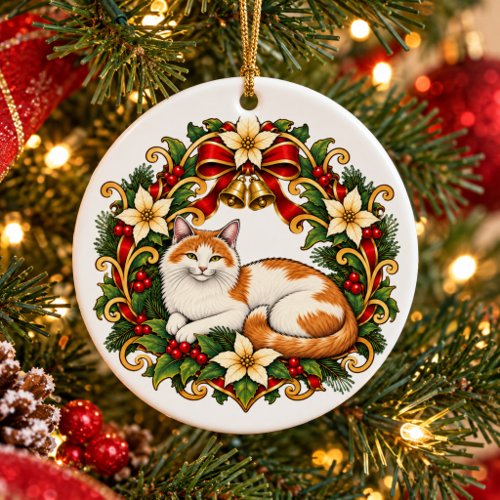 Art Nouveau Christmas Cat with Holly Wreath Ceramic Ornament
