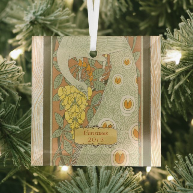 Art Nouveau Christmas Vintage Peacocks Glass Ornament (Insitu)