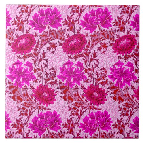 Art Nouveau Chrysanthemums Burgundy and Pink Ceramic Tile