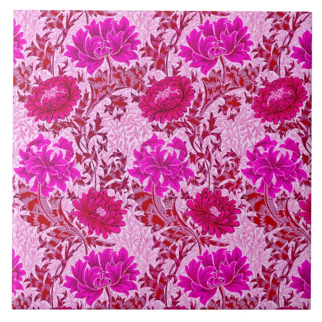 Art Nouveau Chrysanthemums, Burgundy and Pink Ceramic Tile (Front)