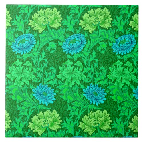 Art Nouveau Chrysanthemums Lime Green  Aqua Ceramic Tile