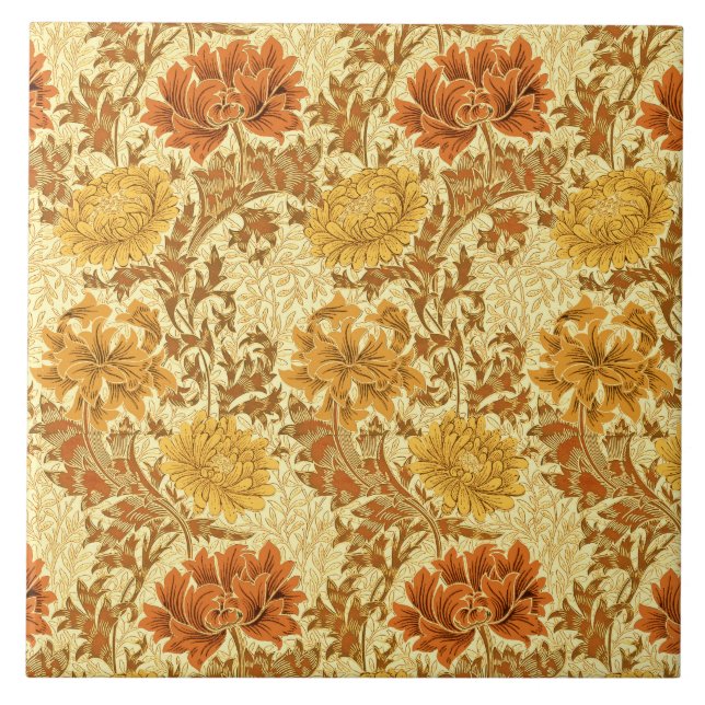 Art Nouveau Chrysanthemums, Mustard Gold  Ceramic Tile (Front)