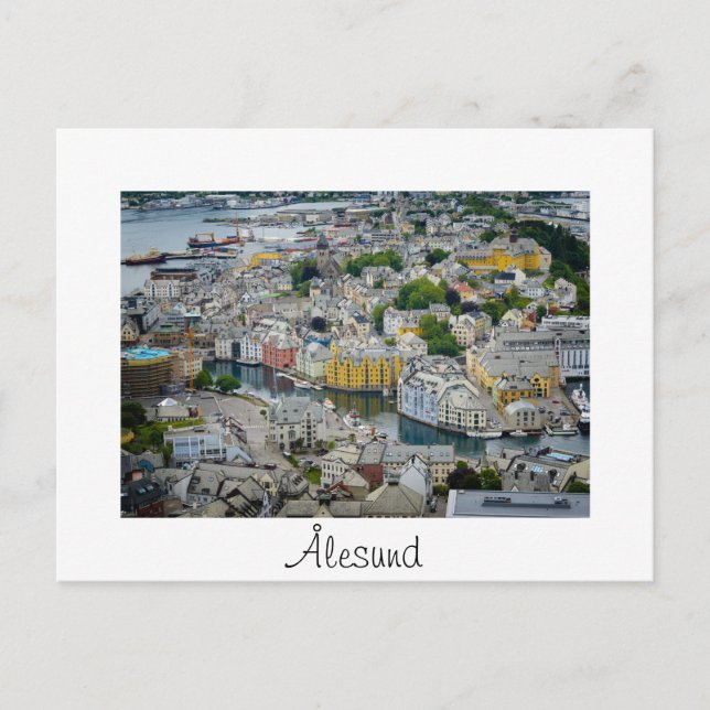 Art Nouveau city Alesund white text postcard (Front)