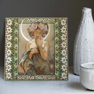 Art Nouveau Clair de Lune Mucha Edelweiss Flowers Ceramic Tile