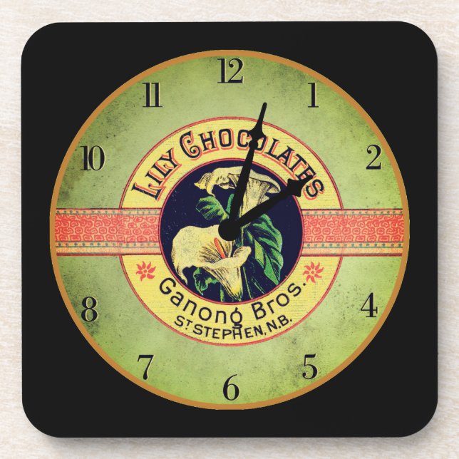 Art nouveau clock advertisement lily chocolate co. beverage coaster (Front)