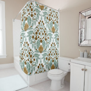 Art Nouveau Cocoa & Mint–Vintage Floral Scallop  Shower Curtain