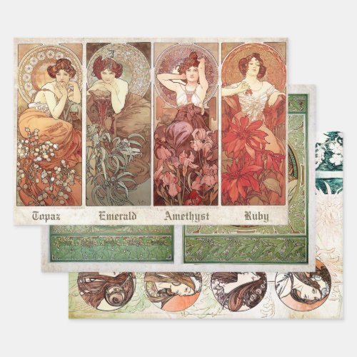 ART NOUVEAU COLLECTIONS 3 HEAVY WEIGHT DECOUPAGE WRAPPING PAPER SHEETS