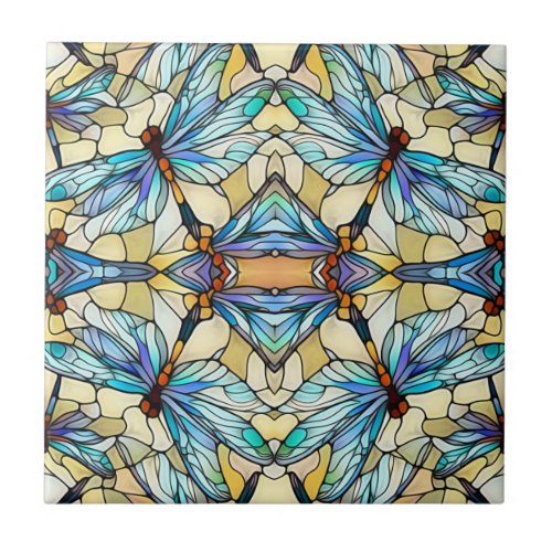 Art Nouveau Colorful Dragonfly Faux Stained Glass  Ceramic Tile