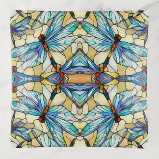 Art Nouveau Colorful Dragonfly Faux Stained Glass Trinket Tray