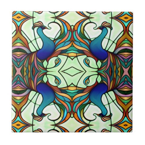 Art Nouveau Colorful Peacock Stained Glass Style  Ceramic Tile