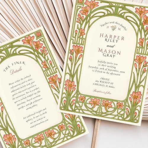Art Nouveau Coral Lily Architectural Wedding Invitation