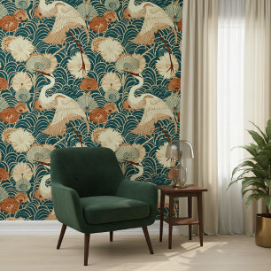 Art Nouveau Cranes Green Wallpaper