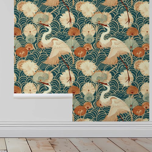 Art Nouveau Cranes Green Wallpaper