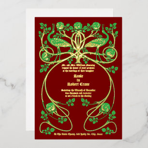 Art Nouveau Cranes in Rose Bush Wedding Invitation Foil Invitation