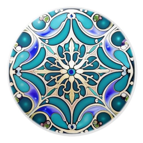 Art Nouveau Cream Aqua Blue Geometric Ceramic Knob