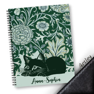 Art Nouveau Cute Cat Floral Custom Name Notebook