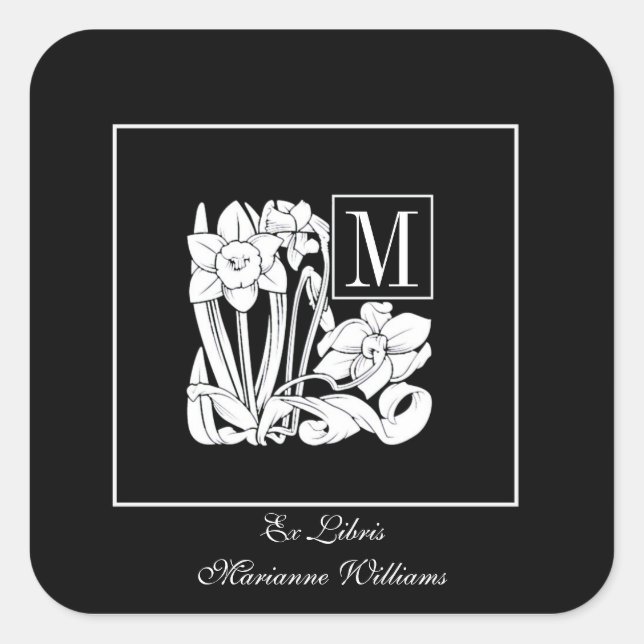 Art Nouveau Daffodil Monogram Bookplate Sticker (Front)
