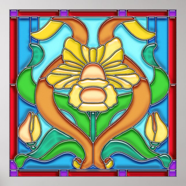 Art Nouveau Daffodil Stain Glass Frame Poster (Front)