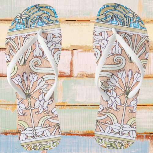 Art nouveau daffodil Verneui textile floral art Flip Flops