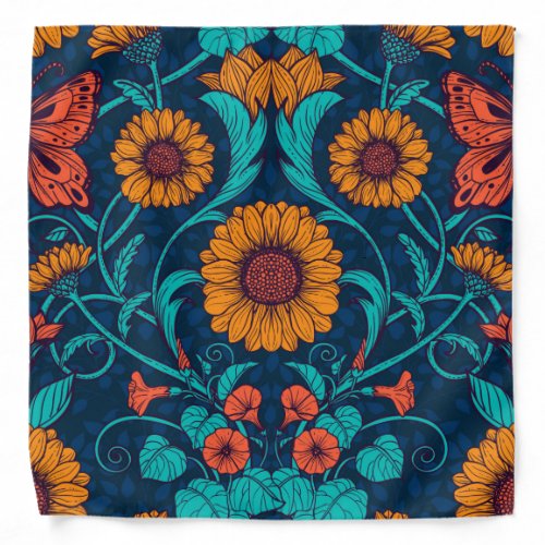 Art Nouveau daisies in blue and yellow Bandana