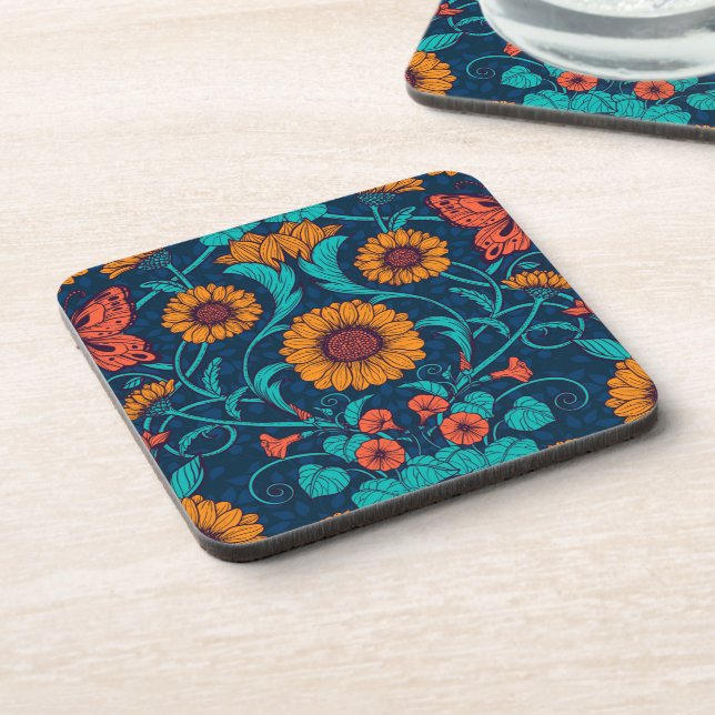 Art Nouveau daisies in blue and yellow Beverage Coaster (Left Side)
