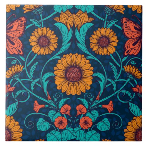 Art Nouveau daisies in blue and yellow Ceramic Tile