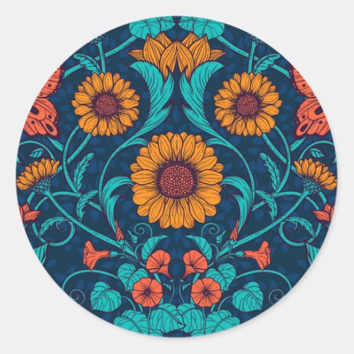 Art Nouveau daisies in blue and yellow Classic Round Sticker