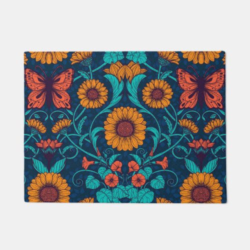 Art Nouveau daisies in blue and yellow Doormat