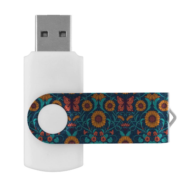 Art Nouveau daisies in blue and yellow Flash Drive (Opened)