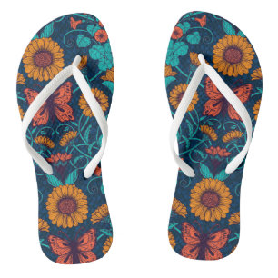 Art Nouveau daisies in blue and yellow Flip Flops