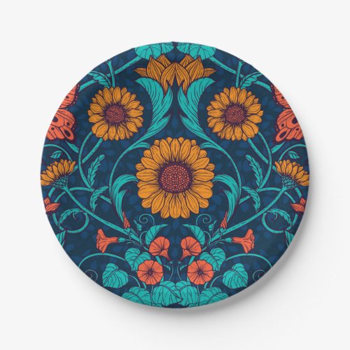 Art Nouveau daisies in blue and yellow Paper Plates