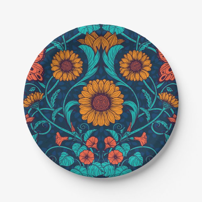 Art Nouveau daisies in blue and yellow Paper Plates (Front)