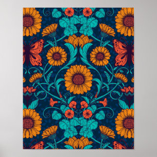Art Nouveau daisies in blue and yellow Poster