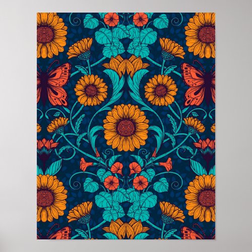 Art Nouveau daisies in blue and yellow Poster