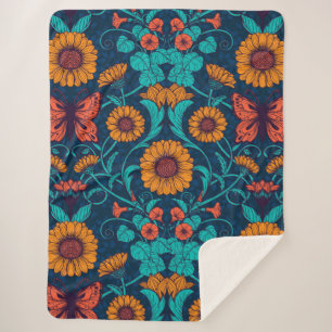 Art Nouveau daisies in blue and yellow Sherpa Blanket