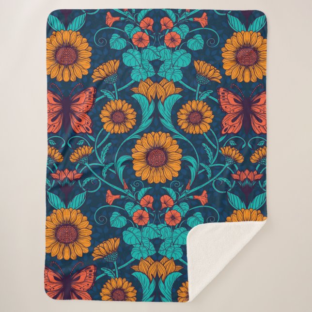 Art Nouveau daisies in blue and yellow Sherpa Blanket (Front)