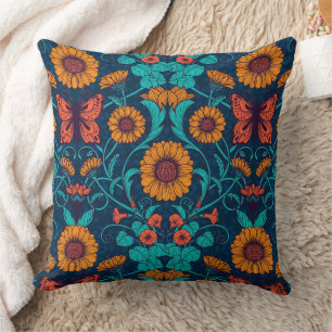Art Nouveau daisies in blue and yellow Throw Pillow