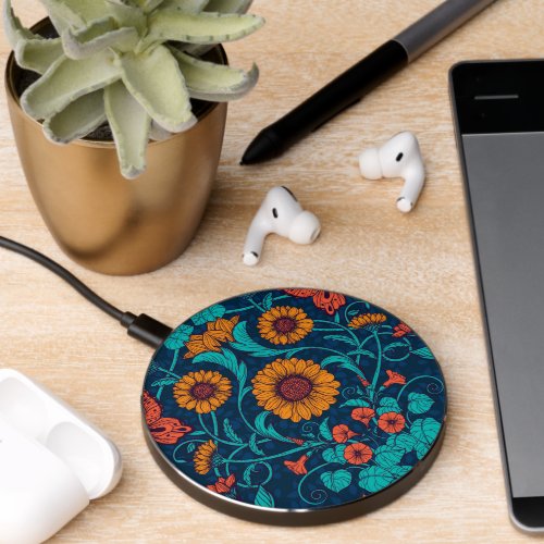 Art Nouveau daisies in blue and yellow Wireless Charger